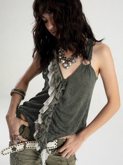 Spliced Ruffle Lace Dark Jacquard Camisole Tank Top【s0000008477】