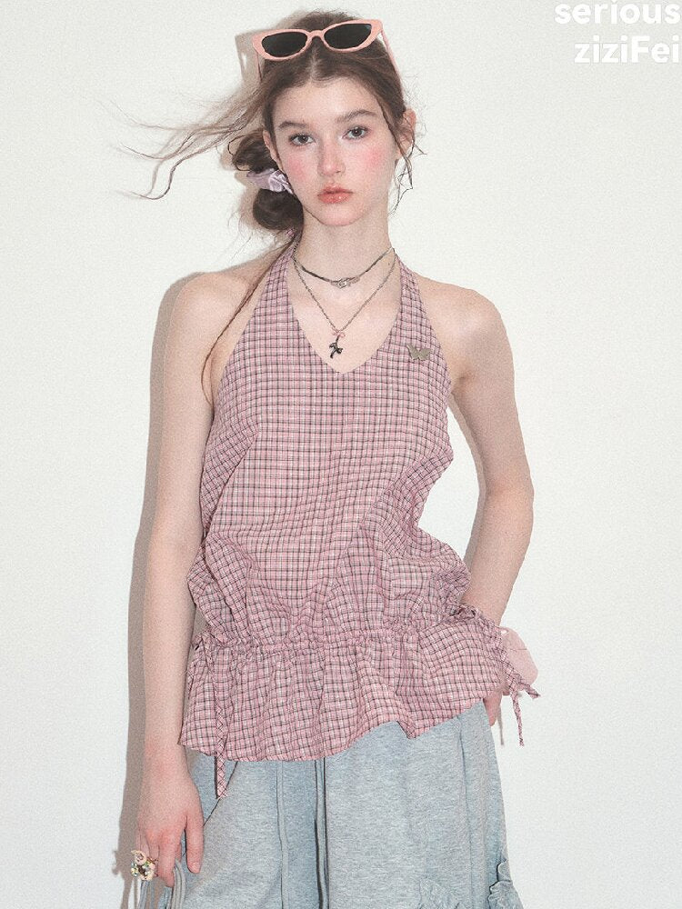 American Vintage Plaid Halter Top【s0000017749】