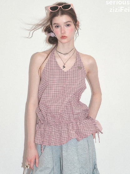 American Vintage Plaid Halter Top【s0000017749】
