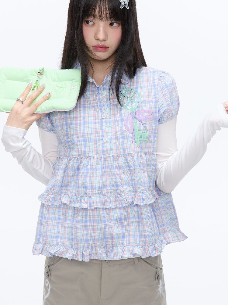 Purple Plaid Lace Short Sleeve Shirt【s0000016405】