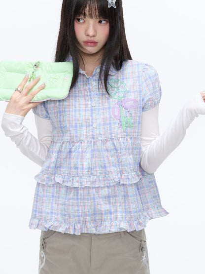 Purple Plaid Lace Short Sleeve Shirt【s0000016405】