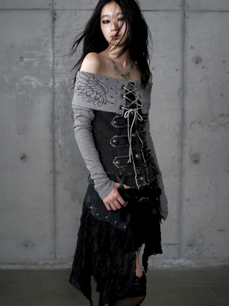 Rhinestone Off-Shoulder Long-Sleeve T-Shirt【s0000014118】