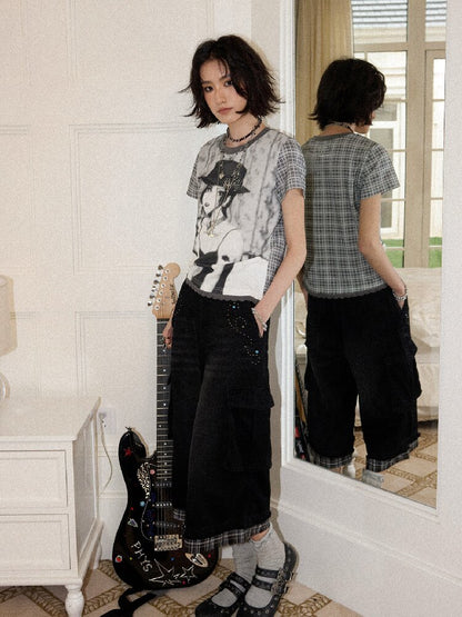 Spliced Plaid Diamond Wide Jeans【s0000016659】