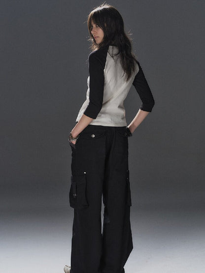 Ribbed Multi Pocket Black Trousers【s0000016230】