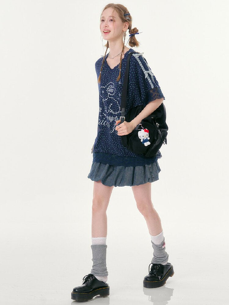 Dark Blue Rabbit Floral Lace T-Shirt【s0000016602】
