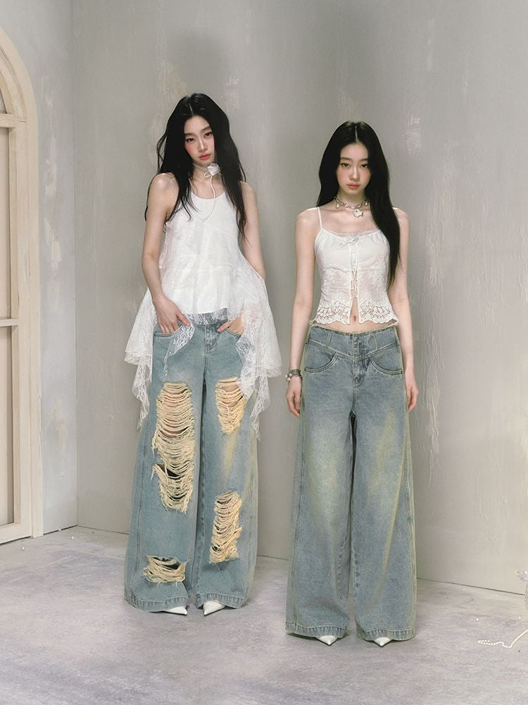 Wide-leg broken holes micro-laundry jeans【s0000012140】