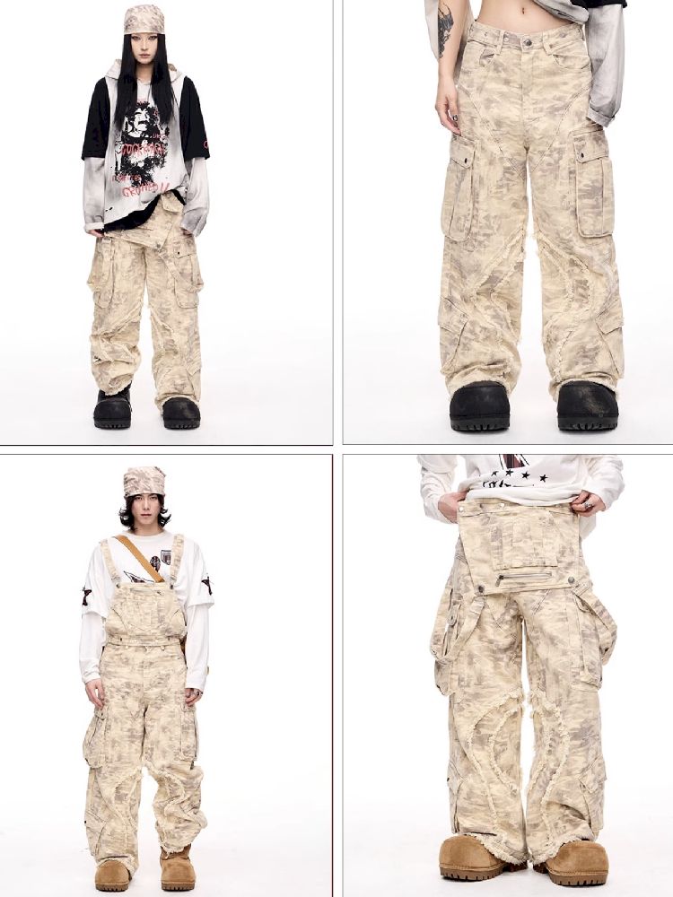 Multi-Pocket Raw Edge Workwear Bib Pants【s0000011367】