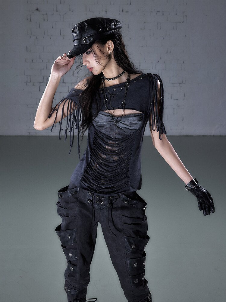 Patchwork Lace Fringe Slim T-Shirt【s0000016205】