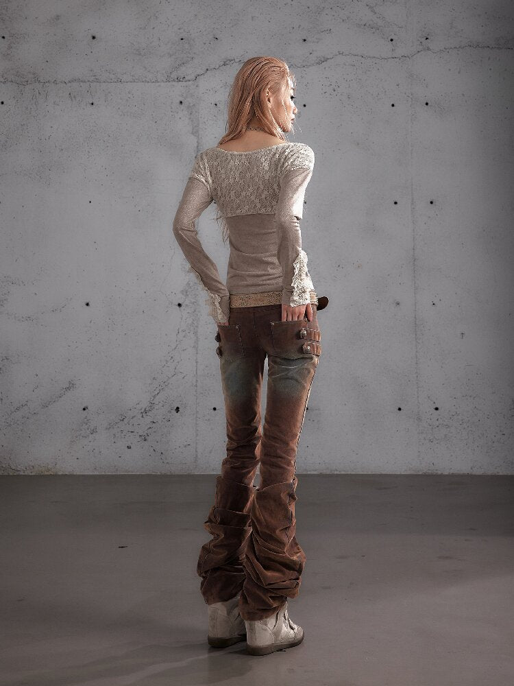 Distressed Pleated Low Rise Jeans【s0000019152】