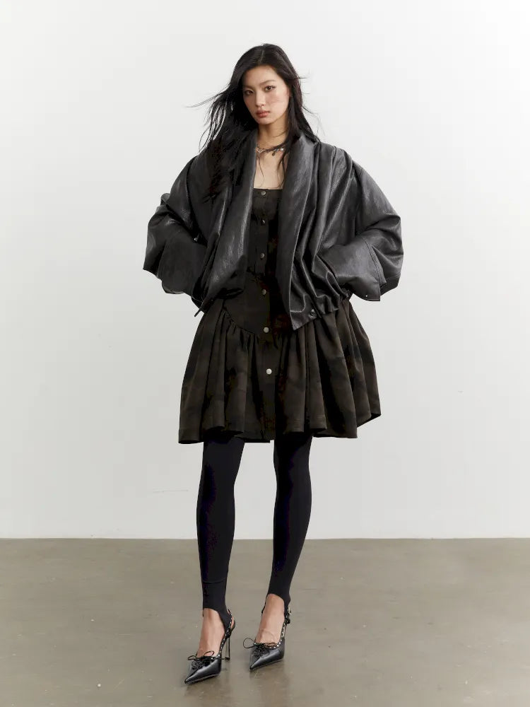 Pleated Silhouette Ebony Brown Faux Leather PU Jacket【s0000014032】