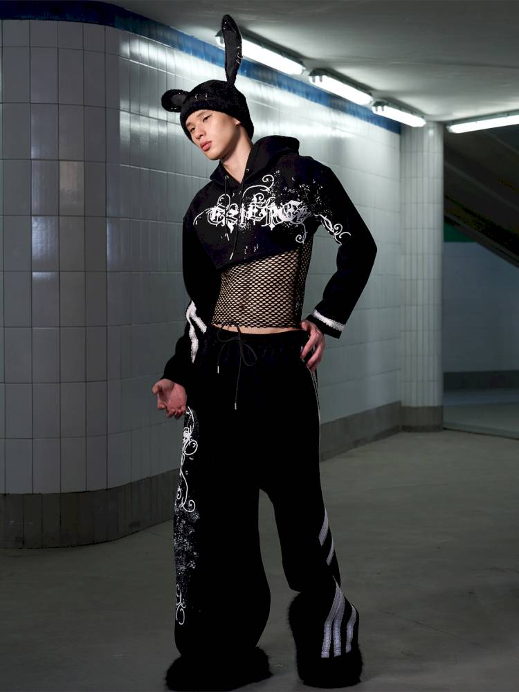 Splatter-Printed Lace-Trimmed Faux Two-Piece Hoodie【s0000014418】