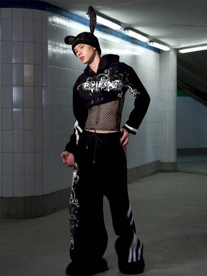 Splatter-Printed Lace-Trimmed Faux Two-Piece Hoodie【s0000014418】