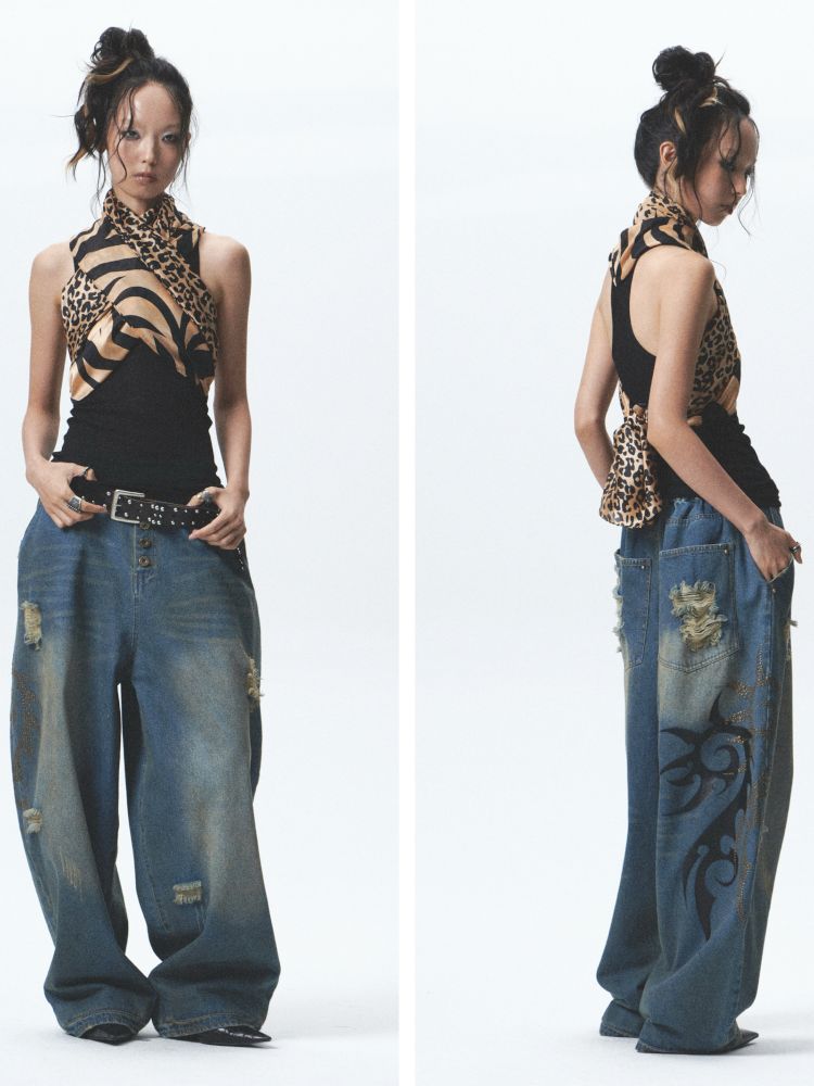 Distressed loose cuffed jeans【s0000012685】