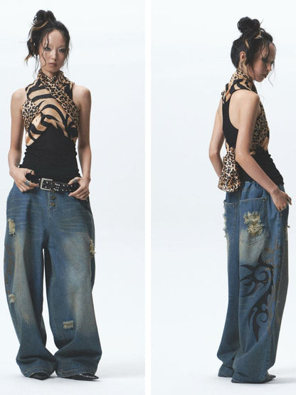 Distressed loose cuffed jeans【s0000012685】