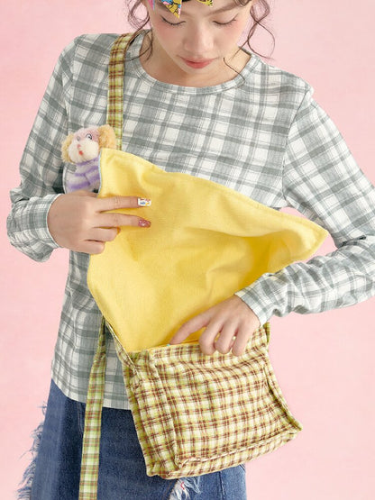 Yellow Plaid Handkerchief Kitten Crossbody Bag【s0000019248】