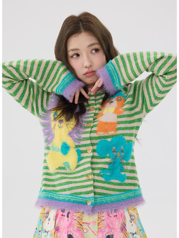 Striped Plush Cartoon Knit Cardigan【s0000016198】