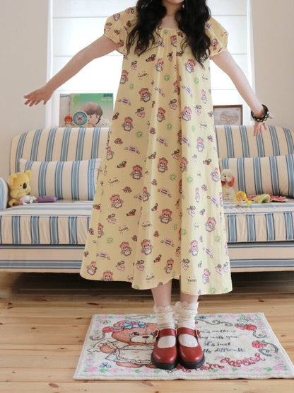 Bear Print Puff Sleeve Long Dress【s0000017512】