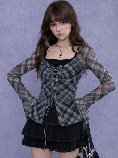 Gray Checkered Tie Wide Neckline Top【s0000017281】