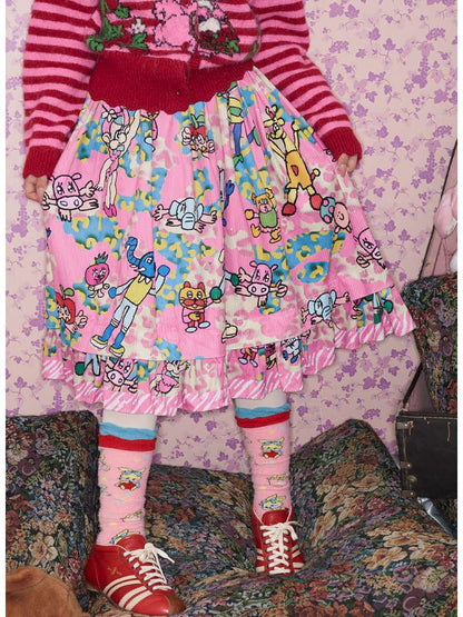 Pink Animal Illustration Skirt【s0000015372】