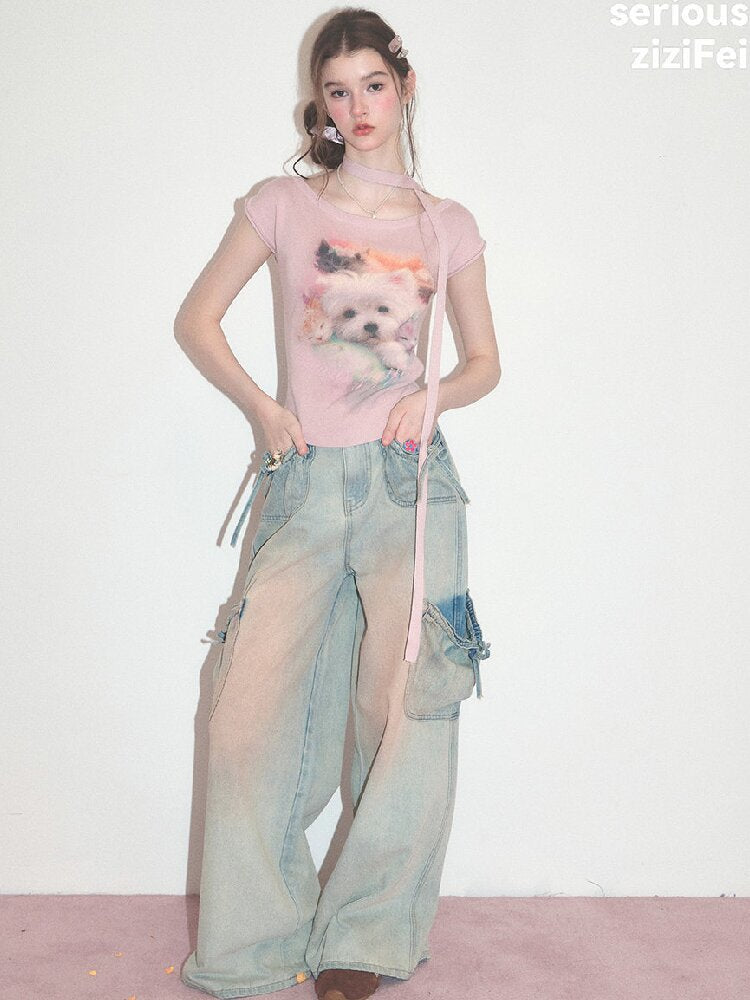 Puppy Print Slim Knitted Short T【s0000017671】