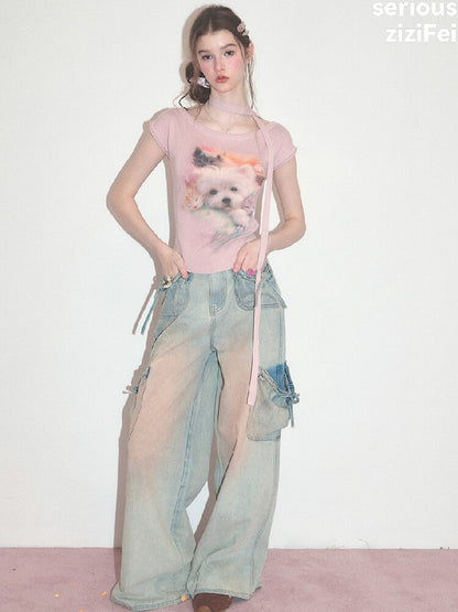 Puppy Print Slim Knitted Short T【s0000017671】