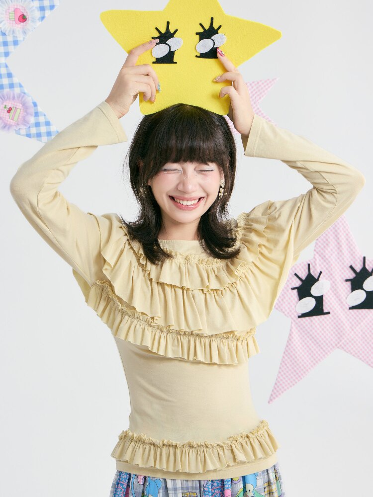 Yellow Pleated Off Shoulder Base T-Shirt【s0000018371】