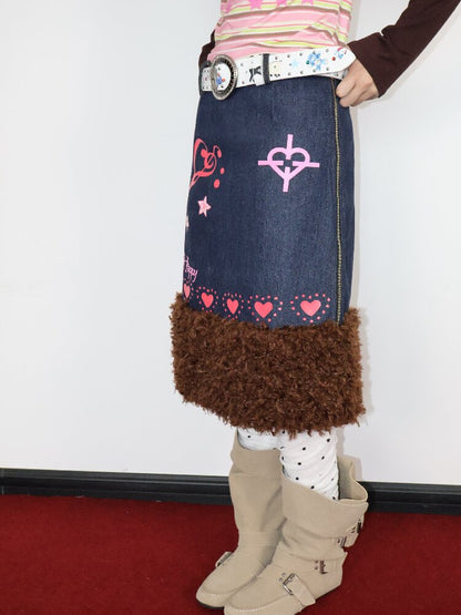 Heartbeat Print Denim Fleece Skirt【s0000018670】