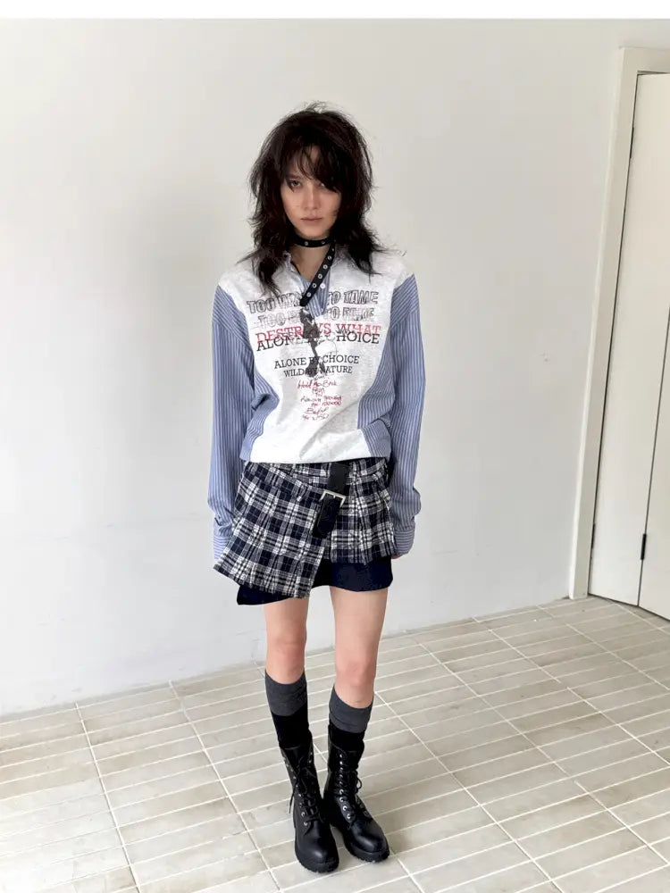 Patchwork Blue Striped Sleeve Shirt【s0000014199】