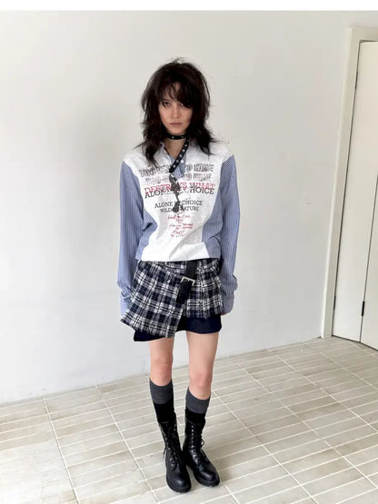 Patchwork Blue Striped Sleeve Shirt【s0000014199】