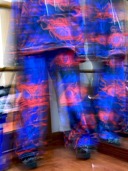 Blue Cell Plush Print Wide-Leg Pants【s0000014869】