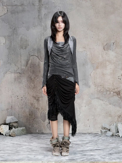 Asymmetric Knit Patchwork Drawstring Skirt【s0000014125】