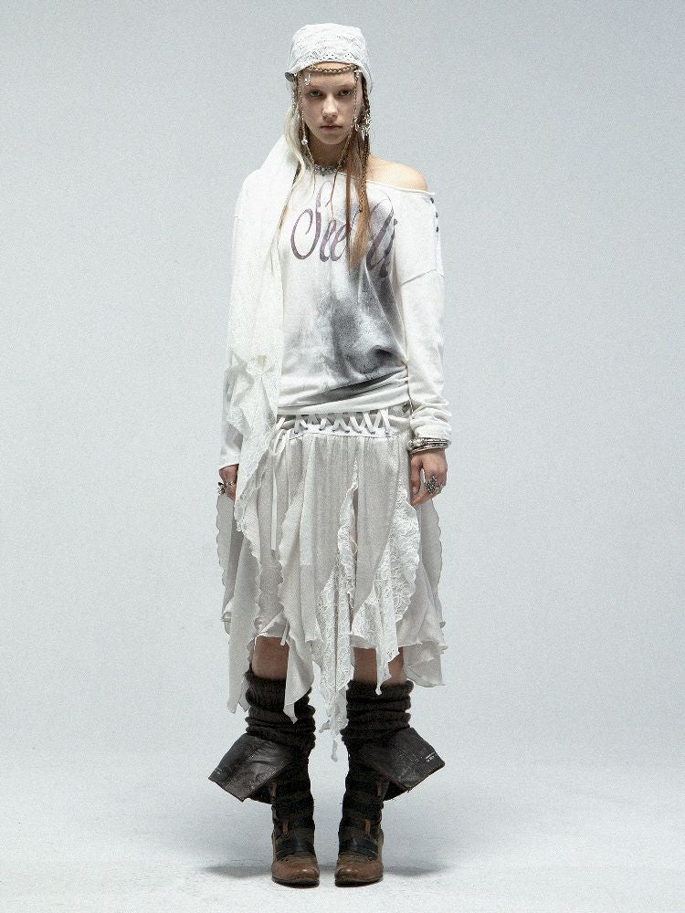 Slant Shoulder Round Neck Printed T-Shirt【s0000011842】