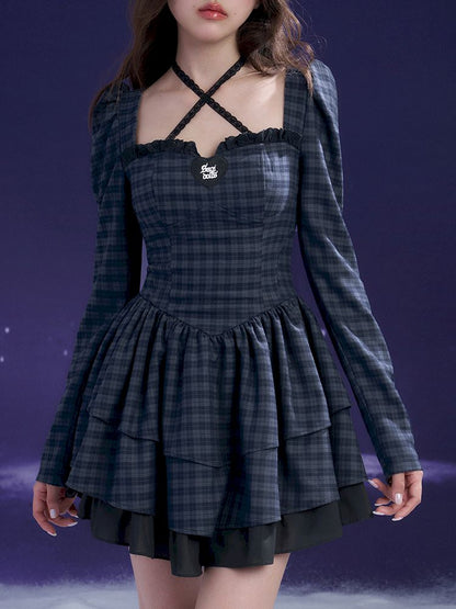 Check Neck Cake Dress【s0000011659】