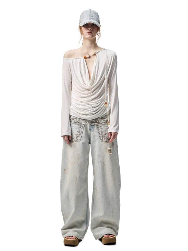Beaded Swing Neck Strapless Long Sleeve Blouse【s0000012404】