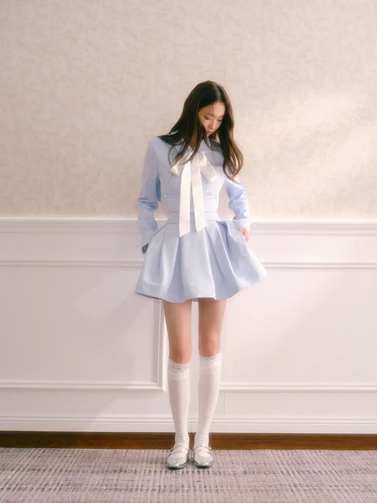 Tie-Front Short Jacket with High-Waisted Structured Pleated Puffy Skirt【s0000014341】