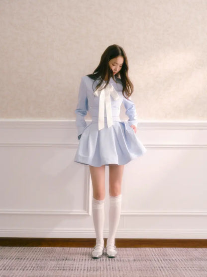 Tie-Front Short Jacket with High-Waisted Structured Pleated Puffy Skirt【s0000014341】