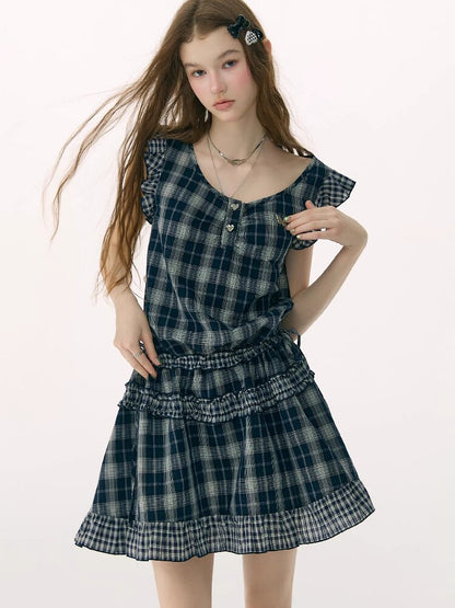 Spliced Plaid Flying Sleeve Dress【s0000016844】