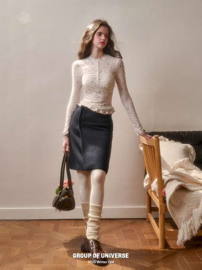 Comfortable Cotton Crew Neck Slim Lace Hem Top【s0000014895】