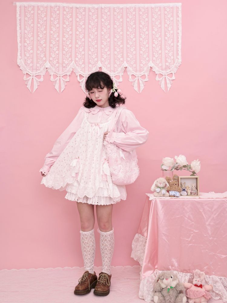 Doll Collar Zipper Neck Pink Lace Blouse【s0000013492】