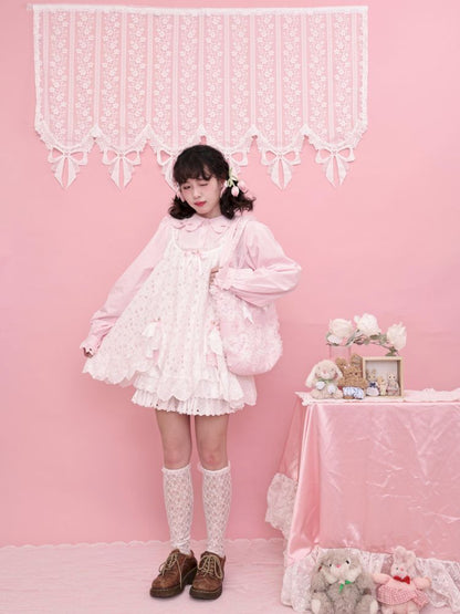 Doll Collar Zipper Neck Pink Lace Blouse【s0000013492】