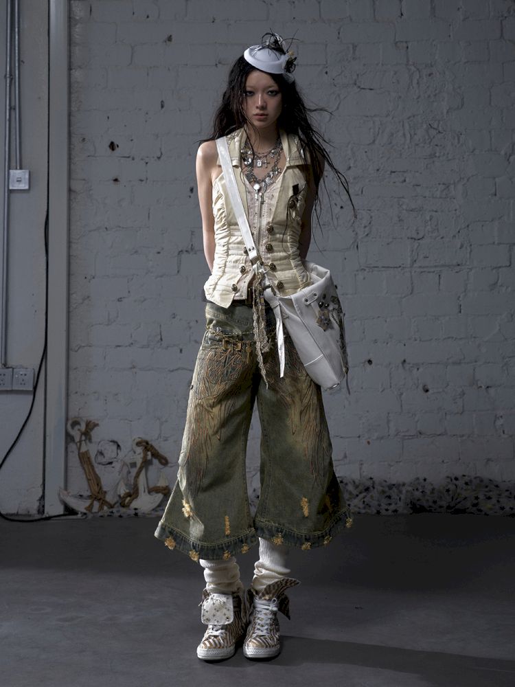 Wide-leg denim cropped pants【s0000012800】