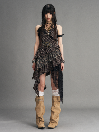 Vintage Patchwork Lace Plaid Dress【s0000017532】