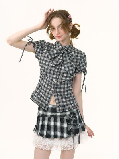 Doll Collar Bow Plaid Short Sleeve Shirt【s0000012264】