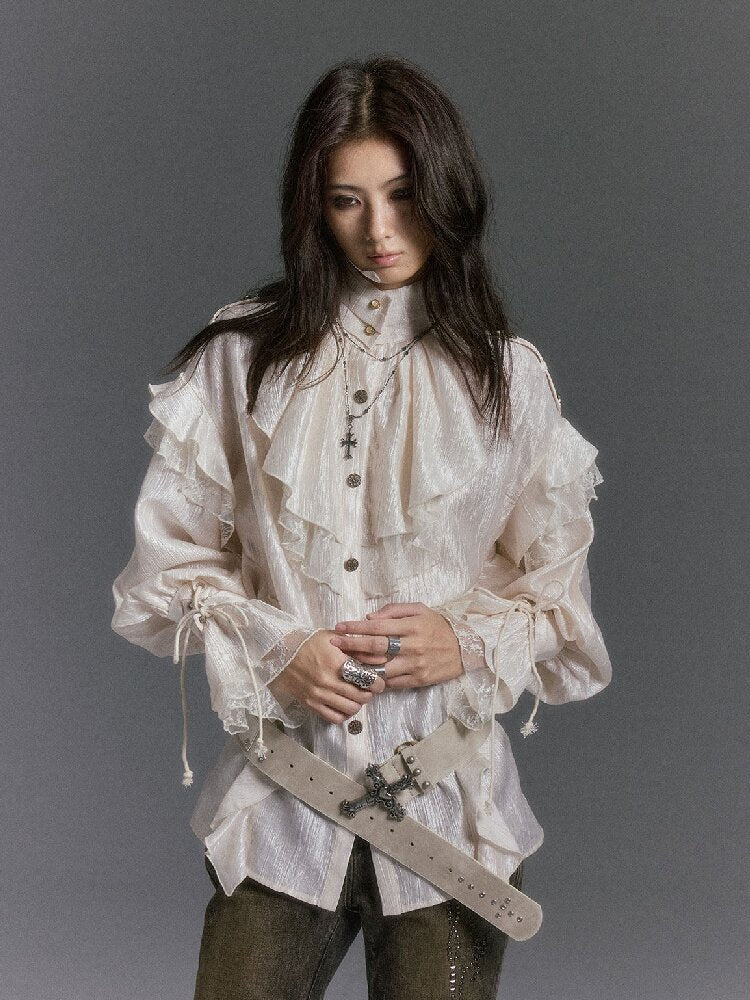 Patchwork Pearlescent Ruffled Stand Collar Shirt【s0000019242】