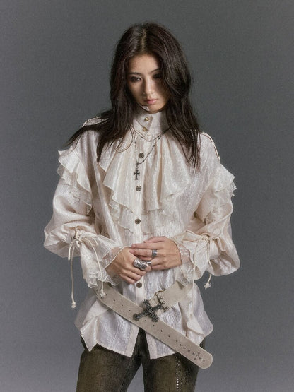 Patchwork Pearlescent Ruffled Stand Collar Shirt【s0000019242】