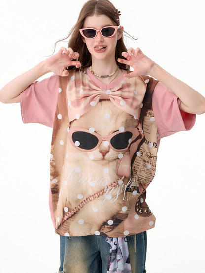 Wave Cat Print Loose Short Sleeve T【s0000017670】