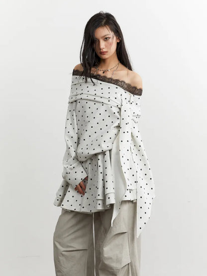 Lace-up off-the-shoulder polka dot sweatshirt【s0000014040】