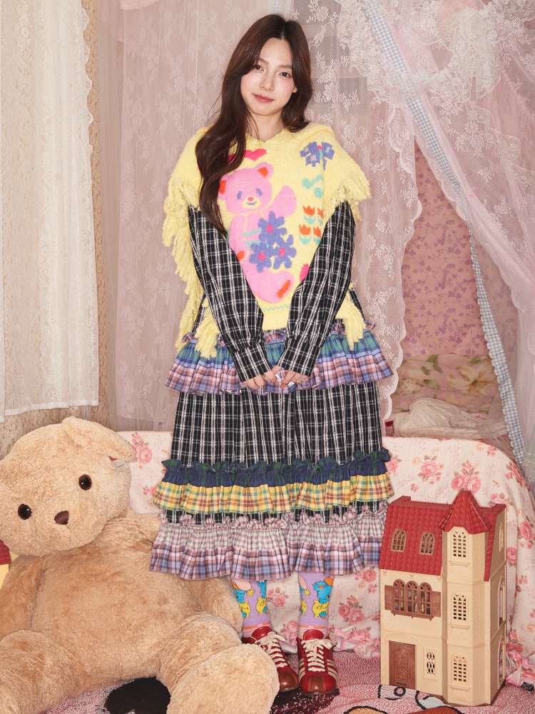Colorful Lace Plaid Patchwork Black Dress【s0000014823】