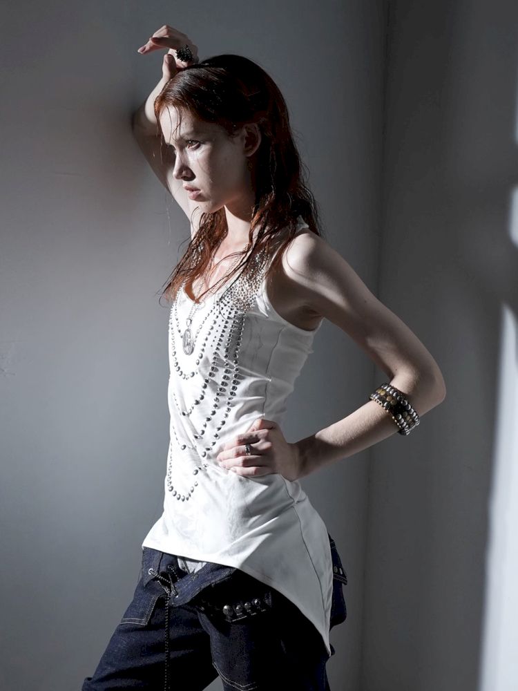 Irregular Print Metal Rivet Long Vest【s0000012830】