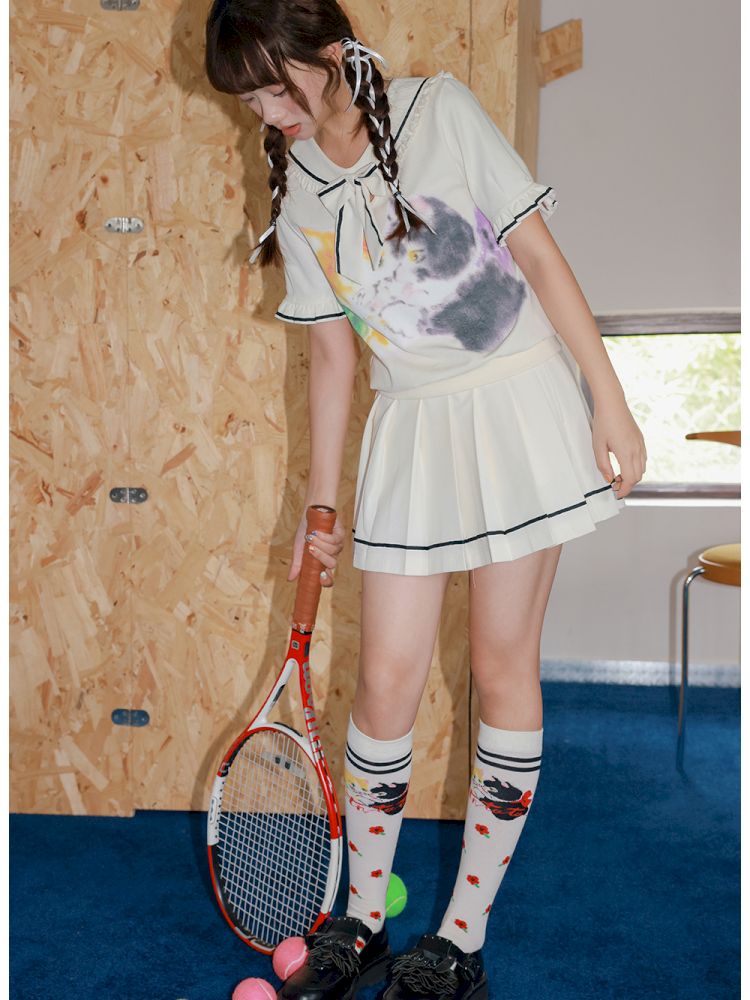 Kitten Printed Navy Neck Short Sleeve Half Dress【s0000013339】